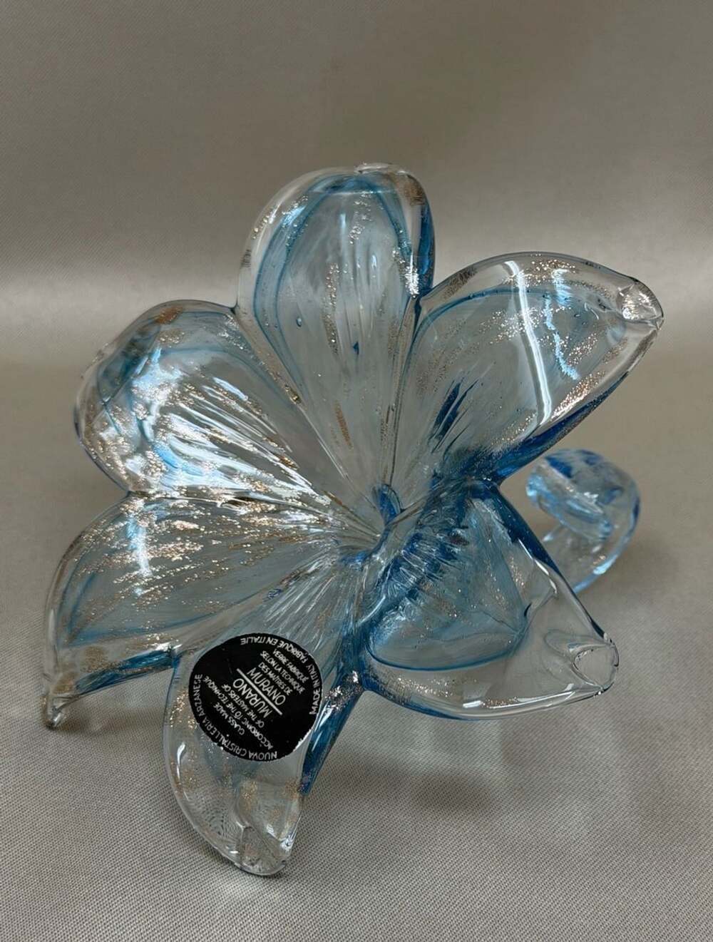 Nuova Cristalleria Arzanese Italian Art Glass Flower Blue Gold Murano Style